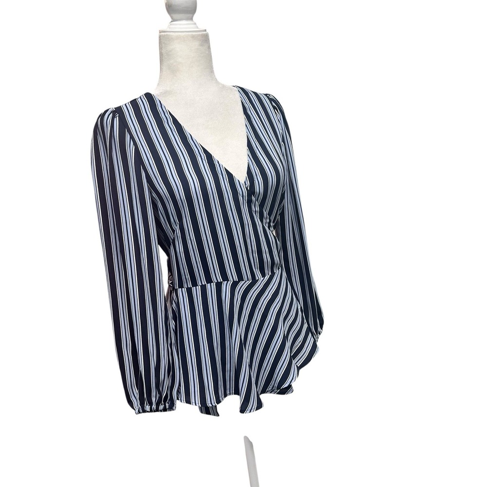 Ann Taylor LOFT Women Size XS Blue Striped Long Sleeve Peplum Tie Wrap Tunic NEW - Picture 4 of 10